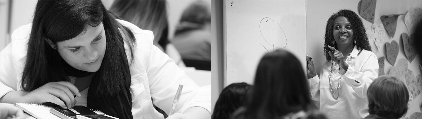 Black and white image with two photographs: one of an instructor teaching a class with a smile, and another of a college student sitting at a desk writing in a notebook.