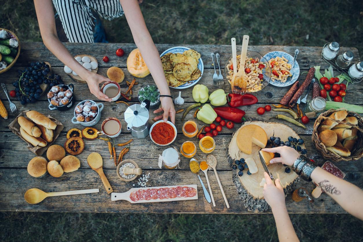Various food on the old wooden table