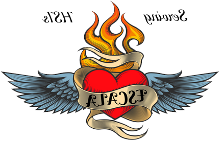 ESCALA logo. Flaming winged heart with golden ribbon wrapped around that says ESCALA