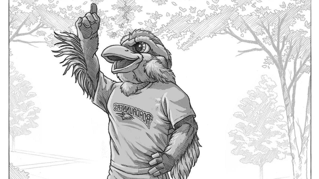 Rendering of the Roadrunner statue with its finger pointing up to the sky
