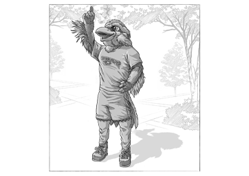 Rendering of the Roadrunner statue with its finger pointing up to the sky